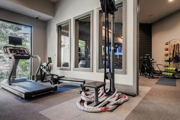 A home gym with a treadmill, a rowing machine, and exercise equipment.