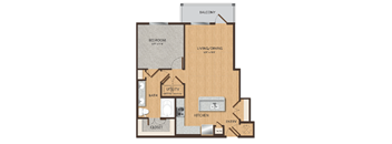 A floor plan of a small apartment with a bedroom, living/dining area, kitchen, bathroom, and utility closet.