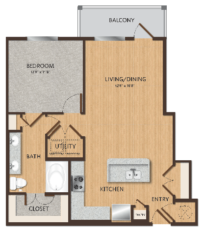 A floor plan of a small apartment with a bedroom, living/dining area, kitchen, bathroom, and utility closet.