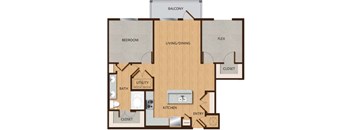 A floor plan of an apartment with a bedroom, living/dining area, kitchen, pantry, and bathroom.