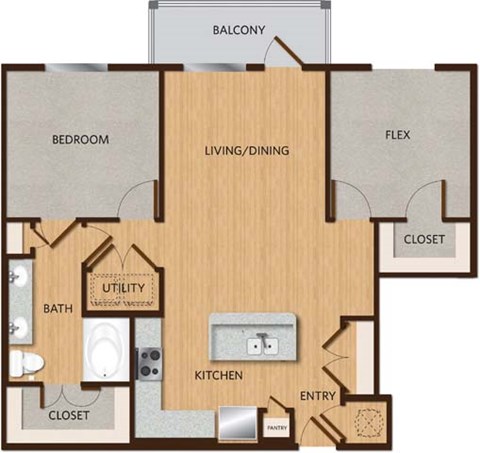 A floor plan of an apartment with a bedroom, living/dining area, kitchen, pantry, and bathroom.