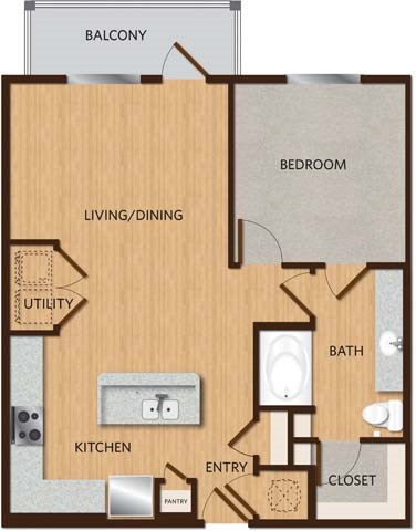 A floor plan of a home layout with a kitchen, living/dining area, bedroom, bathroom, and closet.