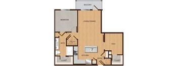 A floor plan of a house with a balcony, bedroom, living/dining area, kitchen, utility, and closets.