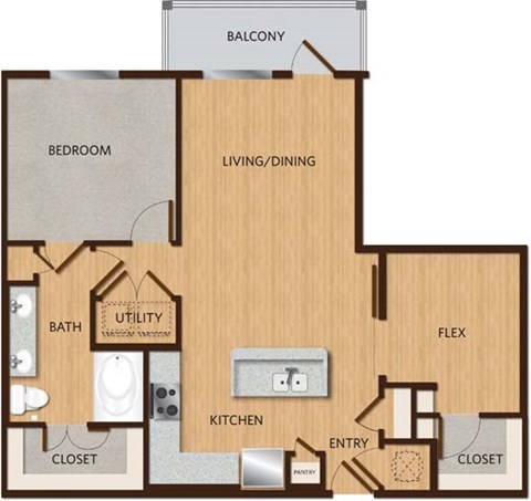 A floor plan of a house with a balcony, bedroom, living/dining area, kitchen, utility, and closets.
