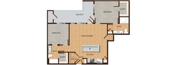 A floor plan of a house with a living room, kitchen, and two bedrooms.
