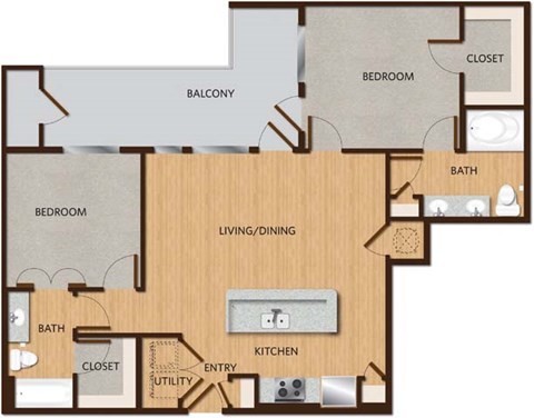 A floor plan of a house with a living room, kitchen, and two bedrooms.