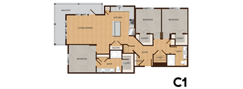A floor plan of a house with a living room, dining room, kitchen, pantry, two bedrooms, two bathrooms, and a balcony.
