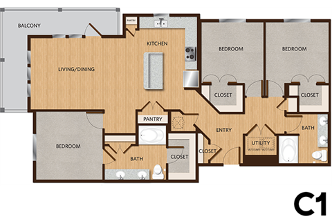 A floor plan of a house with a living room, dining room, kitchen, pantry, two bedrooms, two bathrooms, and a balcony.
