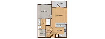 A diagram of a house layout with a bedroom, bathroom, living/dining area, kitchen, and closet.
