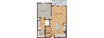 A floor plan of an apartment with a bedroom, living/dining area, kitchen, bath, and closet.