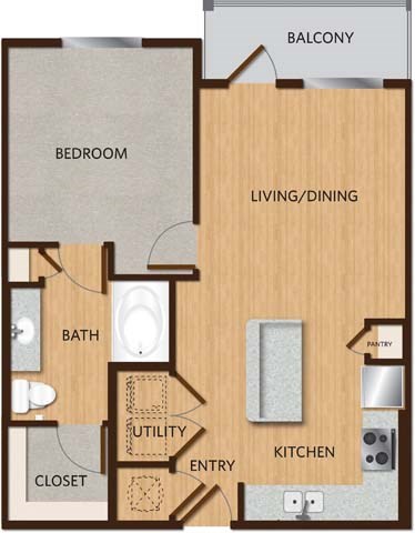 A floor plan of an apartment with a bedroom, living/dining area, kitchen, bath, and closet.