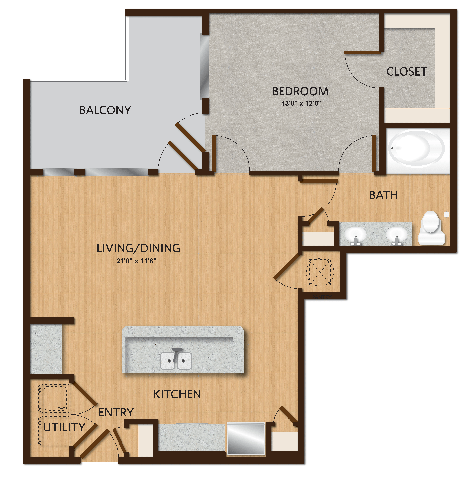 A floor plan of a home with a living/dining area, kitchen, bath, bedroom, closet, and balcony.