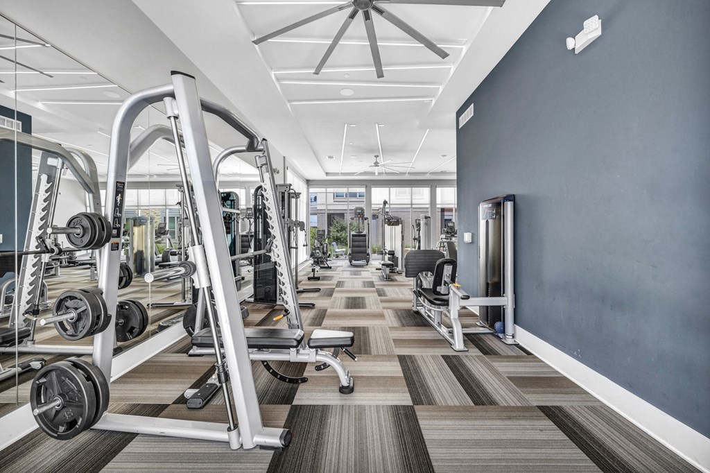 A gym with a variety of equipment including treadmills, weights, and exercise machines.
