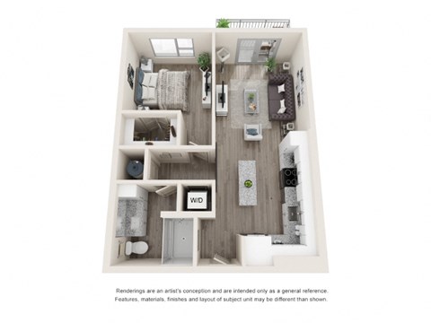 A floor plan of a small apartment with a kitchen, living room, and bathroom.