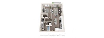 A drawing of a small apartment with a kitchen, living room, and bathroom.