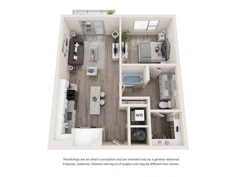 A floor plan of a small apartment with a kitchen, living room, and bathroom.