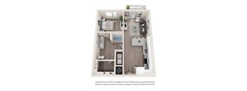 A floor plan of a two-bedroom apartment with a living room, kitchen, and bathroom.