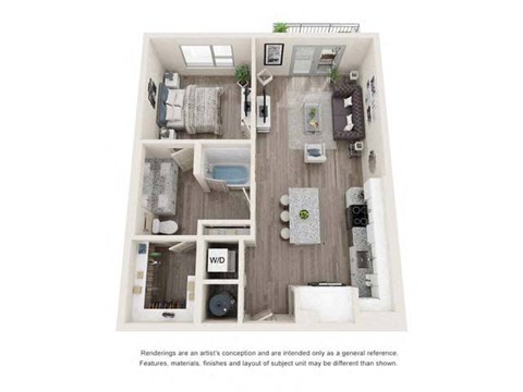A floor plan of a small apartment with a kitchen, living room, and bathroom.