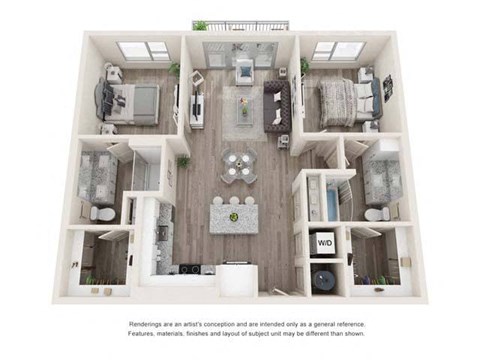 A floor plan of a small apartment with a kitchen, living room, and two bedrooms.