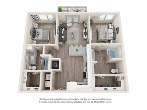A 3D floor plan of a small apartment with a kitchen, living room, and two bedrooms.