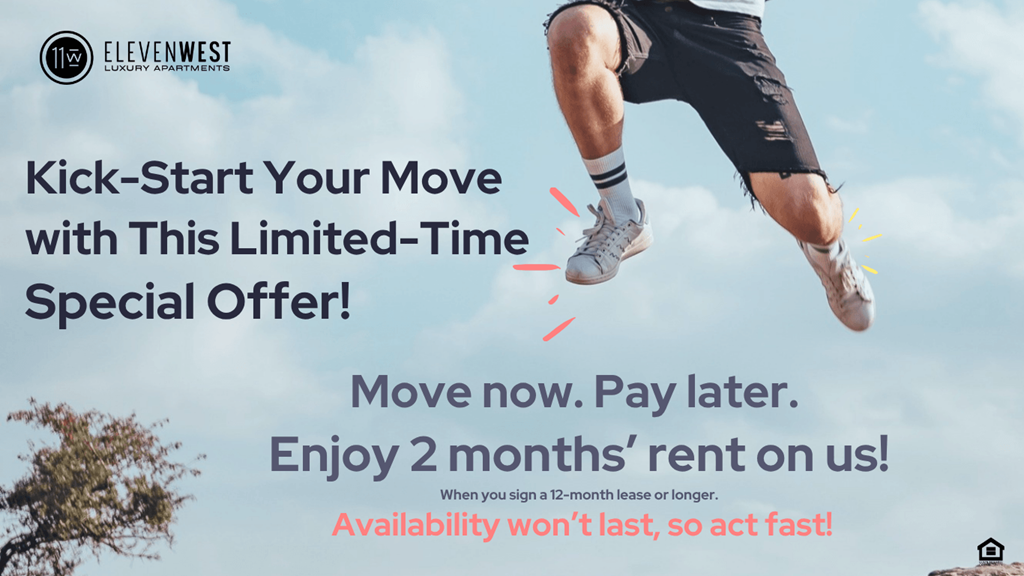 A person is jumping in the air with a sneaker, and the text is promoting a limited-time special offer for a 2 months' rent.