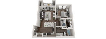 A 3D floor plan of a house with a kitchen, living room, and bathroom.