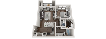 A 3D floor plan of a house with a kitchen, living room, and bathroom.