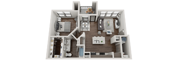 A 3D floor plan of a house with a kitchen, living room, and two bedrooms.