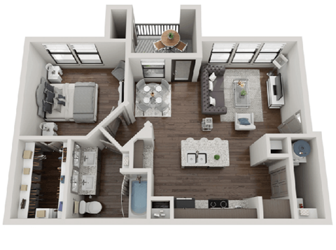 A 3D floor plan of a house with a kitchen, living room, and two bedrooms.