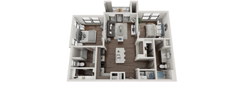 A 3D floor plan of a house showing a kitchen, living room, and two bedrooms.
