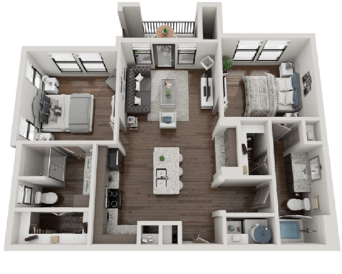 A 3D floor plan of a house showing a kitchen, living room, and two bedrooms.