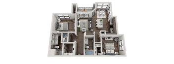 A 3D floor plan of a multi-bedroom apartment.