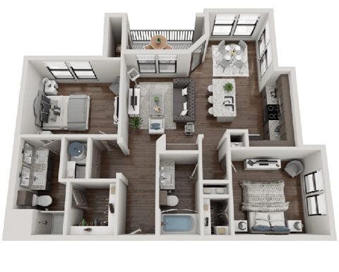 A 3D floor plan of a multi-bedroom apartment.