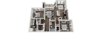 A 3D floor plan of a house with multiple rooms and furniture.