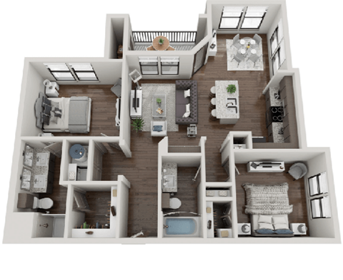 A 3D floor plan of a house with multiple rooms and furniture.