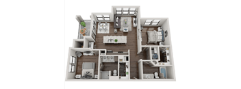A 3D floor plan of a house with multiple rooms and furniture.