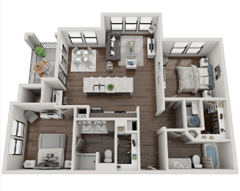 A 3D floor plan of a house with multiple rooms and furniture.