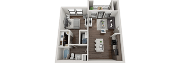 A 3D floor plan of a small apartment with a kitchen, living room, and bathroom.