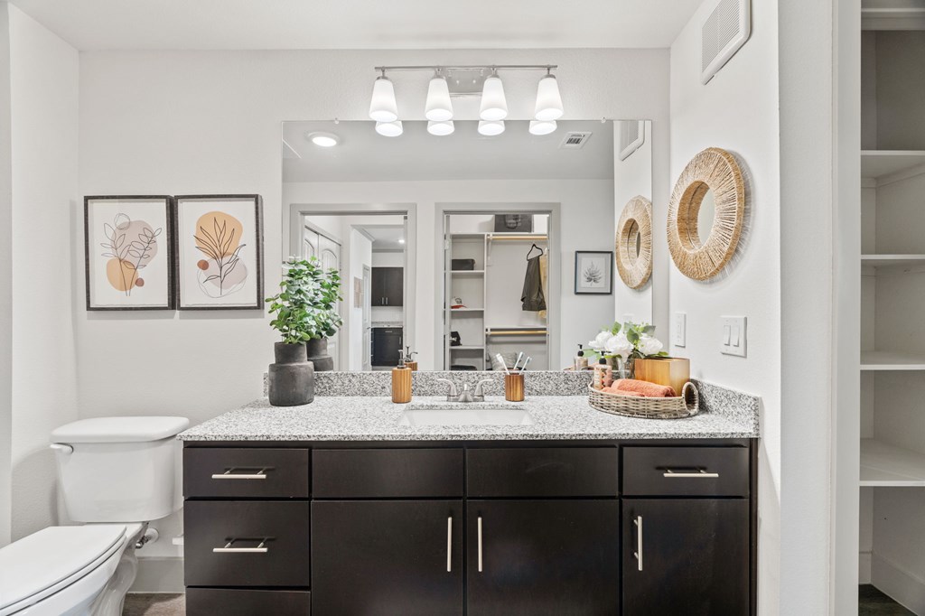 A bathroom with a white toilet and a counter with a plant on it.