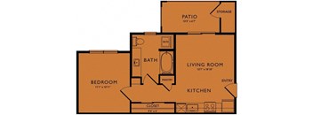 A floor plan of a house with a bedroom, bathroom, pantry, living room, kitchen, and patio.