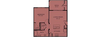 A floor plan of a house with a bedroom, living room, kitchen, bath, and laundry area.