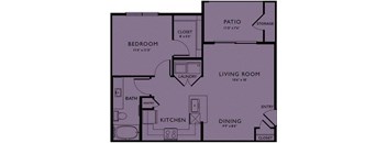 A floor plan of a house with a bedroom, living room, kitchen, and dining area.