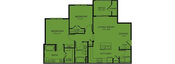 A floor plan of a house with a living room, two bedrooms, a bathroom, a kitchen, a pantry, a laundry room, a storage area, and a patio.