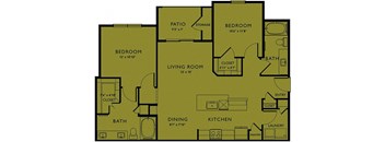 A floor plan of a house with a living room, kitchen, dining room, two bedrooms, a bathroom, a pantry, a laundry area, and a patio.