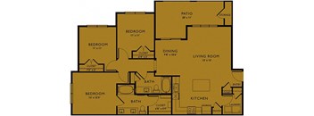 A floor plan of a house with a living room, two bedrooms, a bathroom, a kitchen, a pantry, a dining room, a patio, and storage.