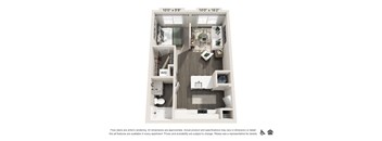 A floor plan of an apartment with a kitchen, living room, and two bedrooms.