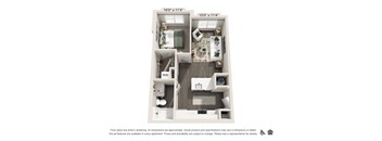A floor plan of an apartment with two bedrooms and two bathrooms.