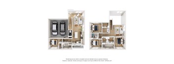 A 3D floor plan of a house with two bedrooms, a living room, a kitchen, and a bathroom.