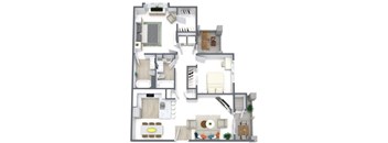 A detailed 3D floor plan of a house showing all rooms and their layouts.