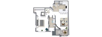 A floor plan of a house with a kitchen, living room, and bedrooms.